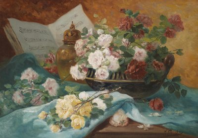 Natura morta con rose in una ciotola, oggetto decorativo e spartito da Eugene Henri Cauchois